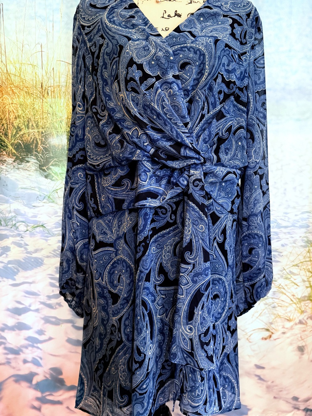 Lauren Ralph Lauren Navy and Light Blue Paisley Long-Sleeve Wrap Dress
